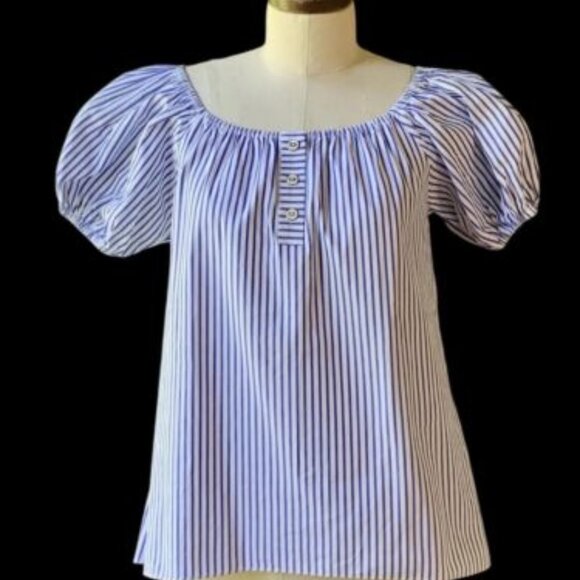 Caroline Constas Blue White Striped Cotton Puffed Sleeve Off Shoulder Blouse M